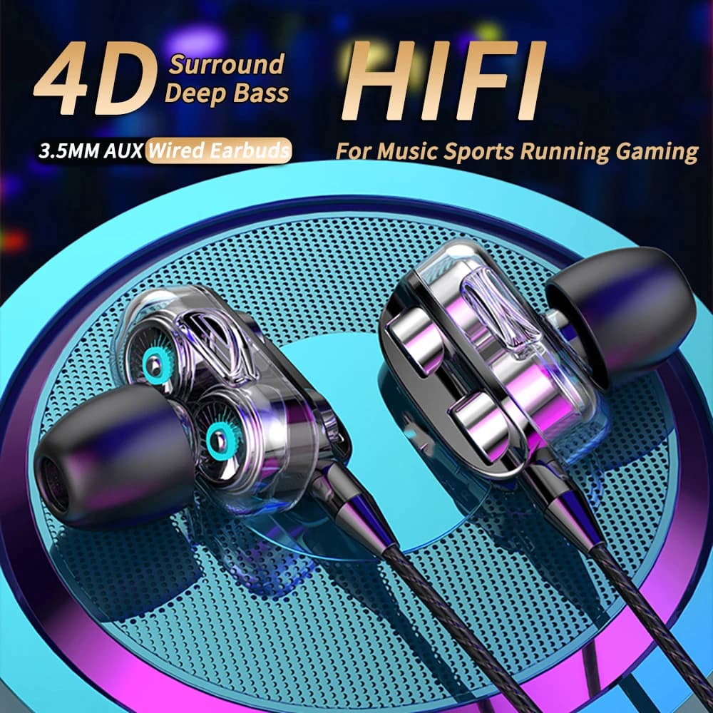 3.5mm Width Headphones with Noise Cancellation, In-Ear Sports Headphones, Double Driver, Low Stereo, HiFi Gaming Headphones with Microphone
