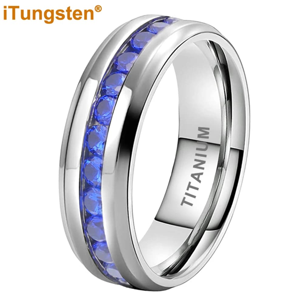 ITungsten 7mm Titanium Shiny Forever Ring for Women Men Blue Cubic Zirconia CZ Inlay Fashion Eternity Engagement Wedding Band