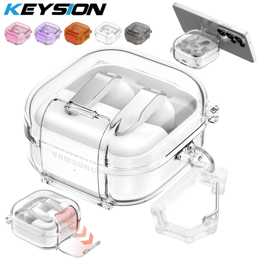 KEYSION HD Transparent Earphone Case for Samsung Galaxy Buds 4 4 Pro Hard PC Shockproof Headphone Cover With Phone Stand Hook