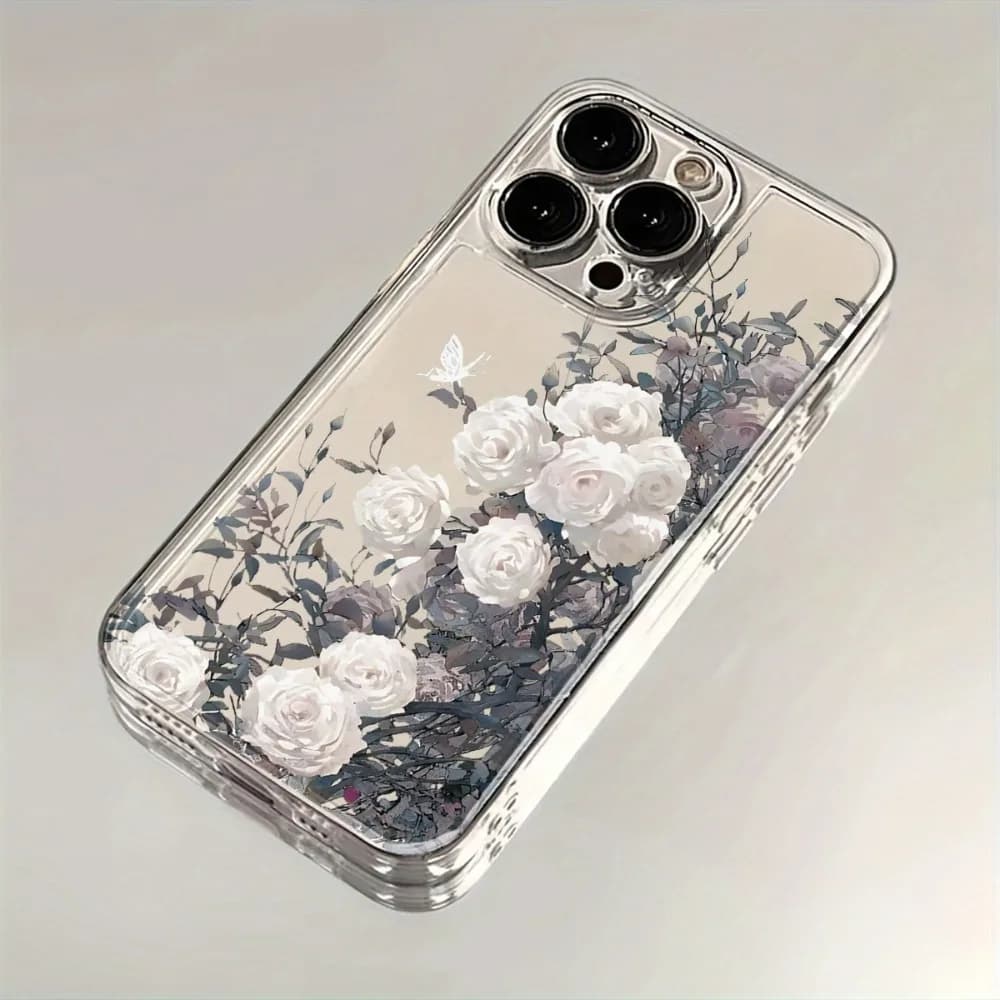 White Rose Space Transparent Phone Case Suitable for iPhone 17 16 15 14 13 12 11Pro/Max/Plus Anti Drop and Anti Shock Back Cover