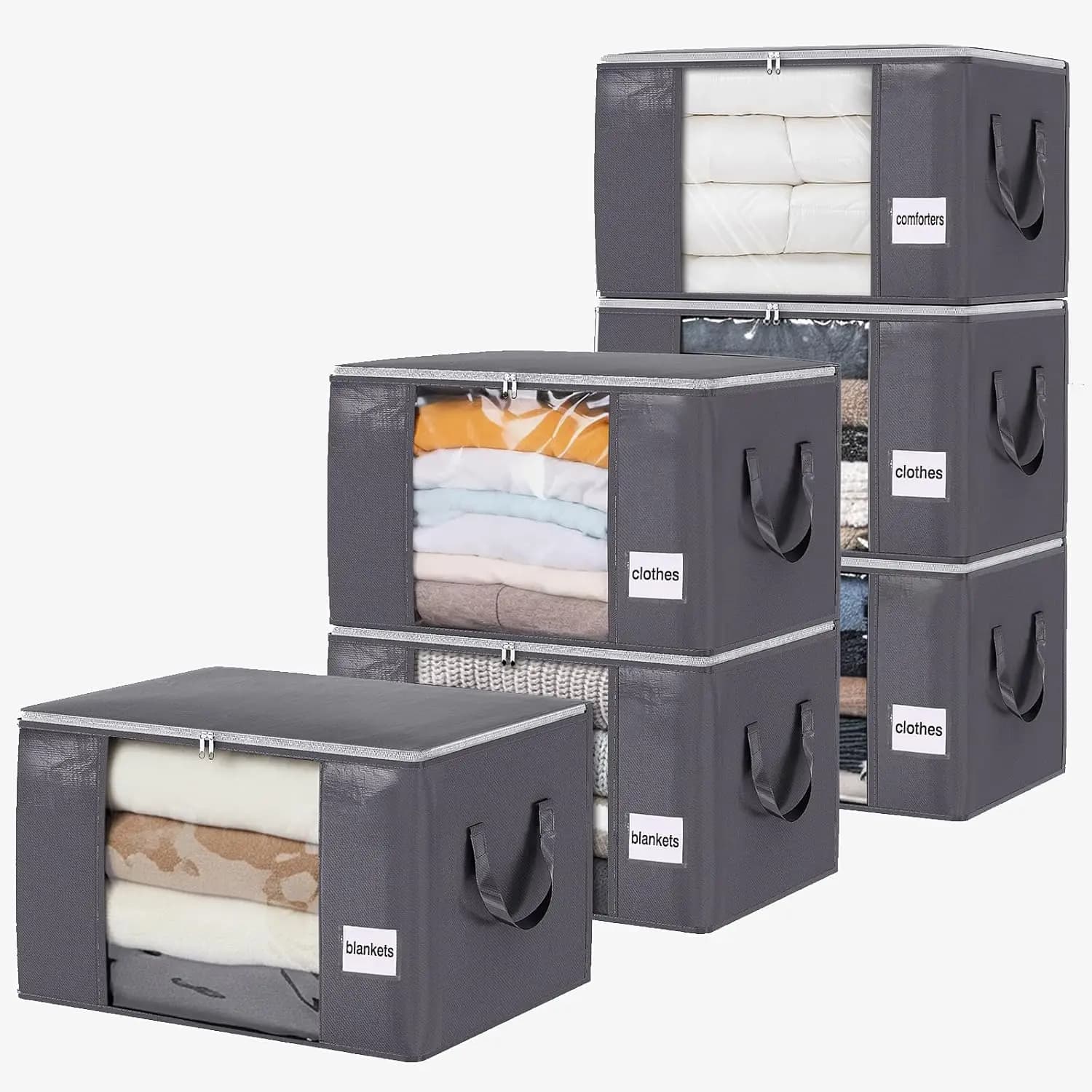 Storage Bags 6 Pack 60L Grey - Clothes Organizers with Reinforced Handle for Comforters, Bed Sheets, Pillows