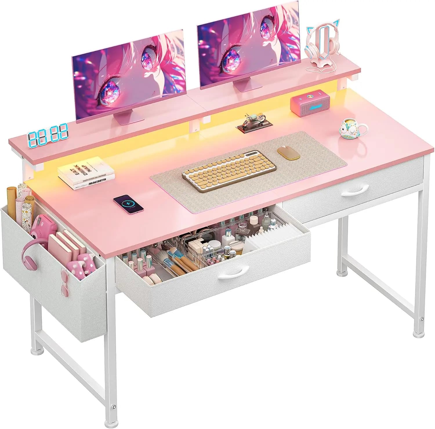 Computer Desk with 2 Drawers & LED Lights,Office Desks with Side Pocket and Monitor Stand,Study Writing Table, Customized