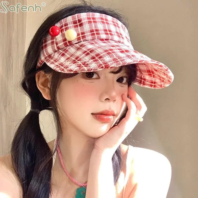 Cappello da Sole Rosso a Quadretti per Ragazze, Protezione UV Estiva, Stile Dolce, Visiera Kawaii