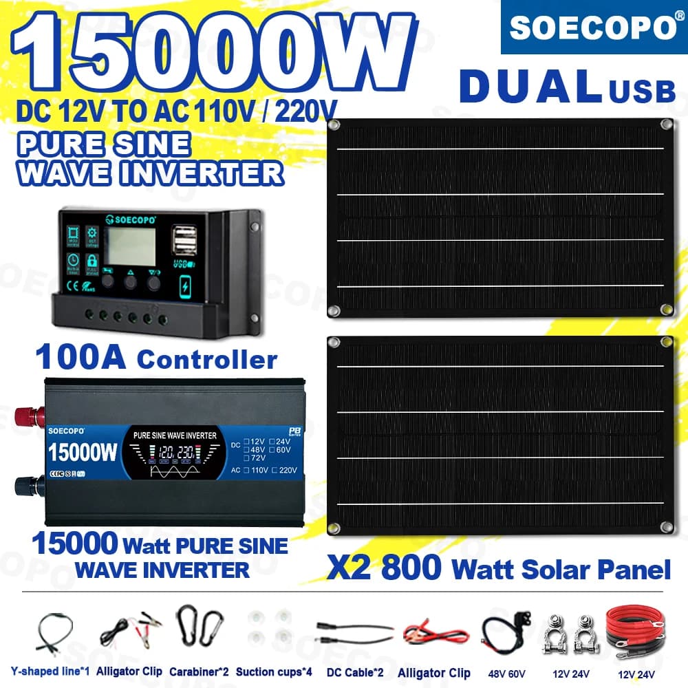 SOECOPO Kit sistema solare 15000W Pannelli 2*800W Convertitore sinusoidale puro da 12V a 110V 220V e controller 100A per il campeggio del balcone di casa