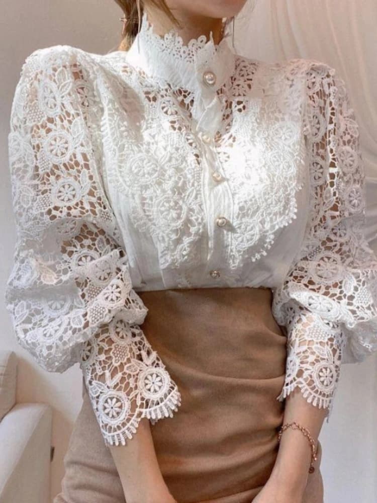Women's long-sleeved shirt with raised collar from new autumn Elegant casual cardigan in lace Large shirt Four seasons 12419