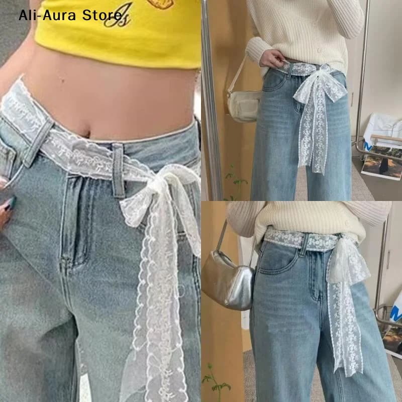 1Pc Unique Y2k Long Lace Waistband Floral Bow Lace Waist Belt Tie Up Thin Dress Jeans Belt Lace Scarf Hair Band Hair Accessories