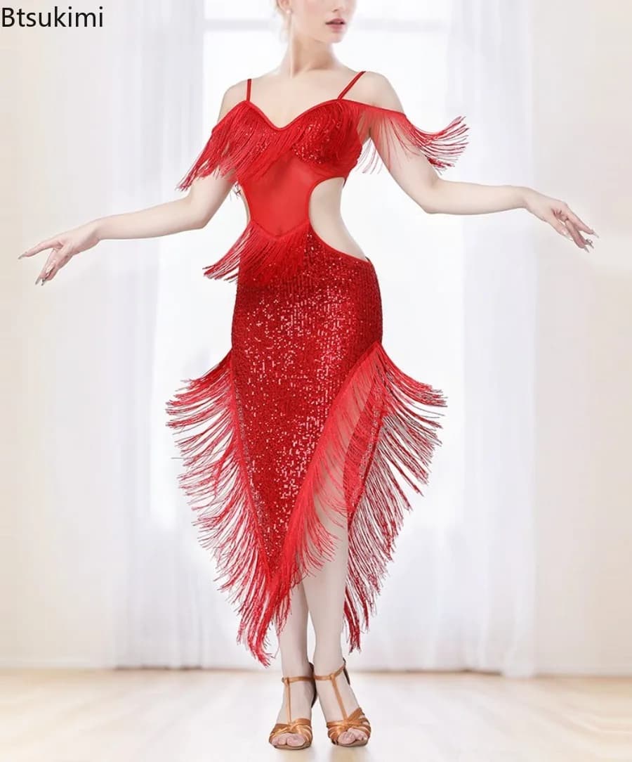 Nuovo stile donna moda vestito da ballo latino Lady nappa paillettes ballo latino abito lungo Samba pratica usura abbigliamento da prestazione
