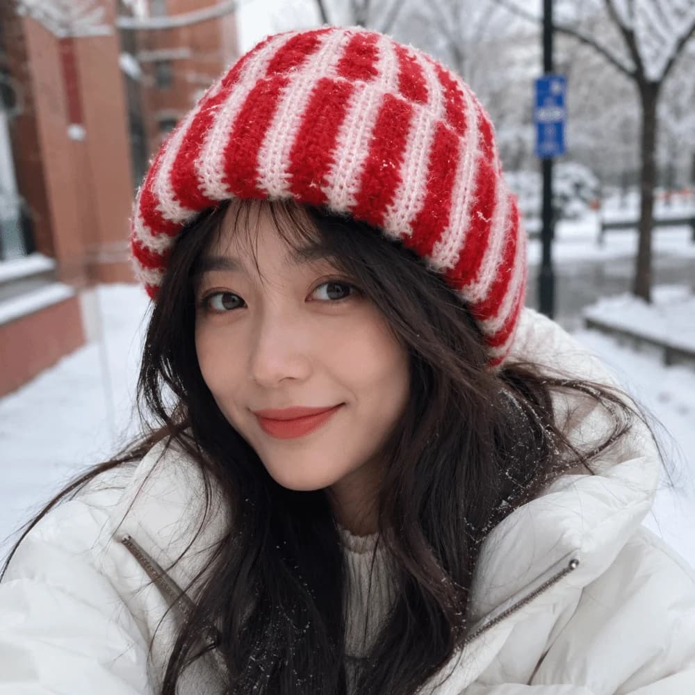 Fold-Up Color Blocked Striped Beanie Hat Soft Thick Ribbed Knit Cap Windproof Thermal Warm Hat Gift
