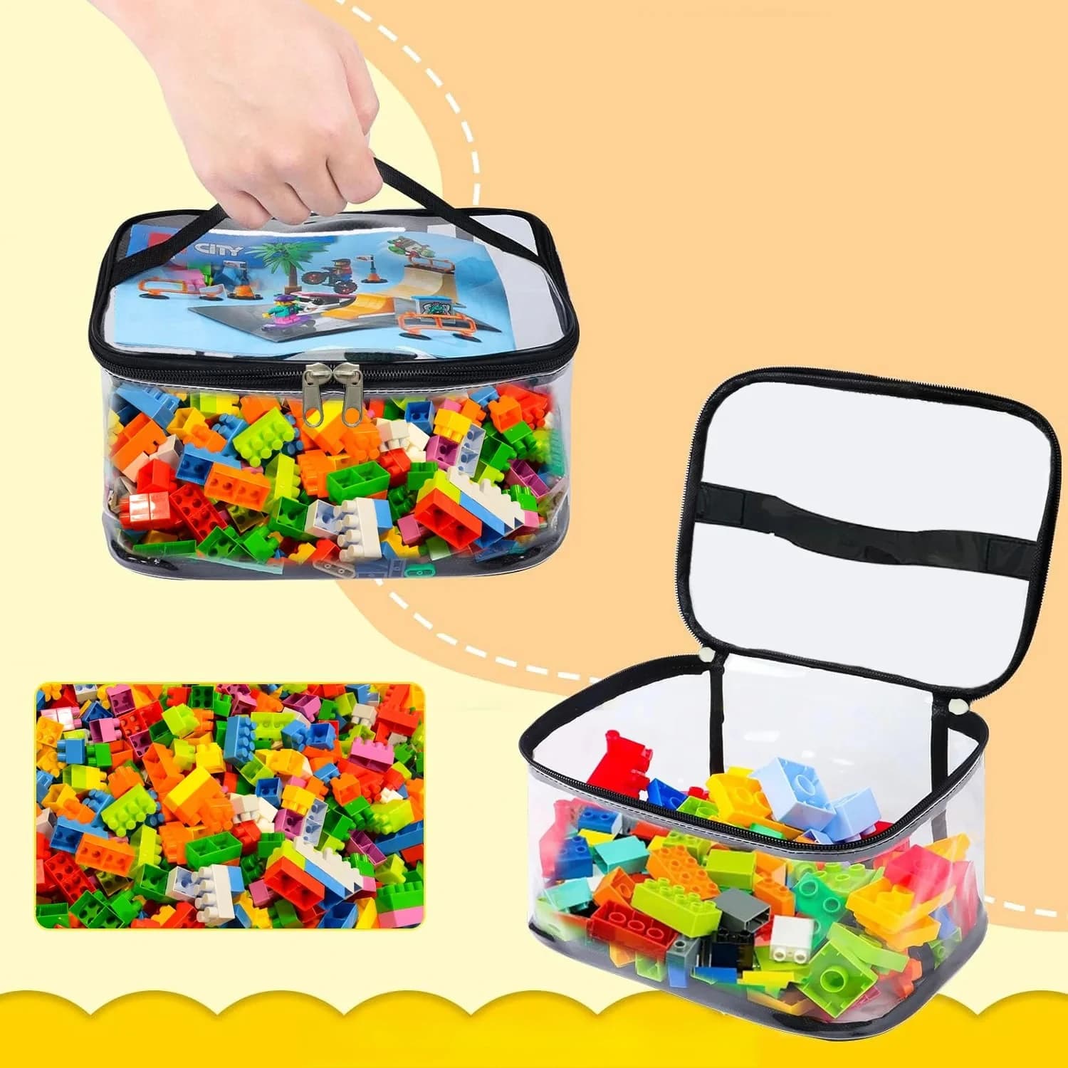 Borsa portaoggetti trasparente con cerniera in rete - Organizzatore di grandi dimensioni per puzzle e blocchi, ideale per riporre giocattoli e mattoncini
