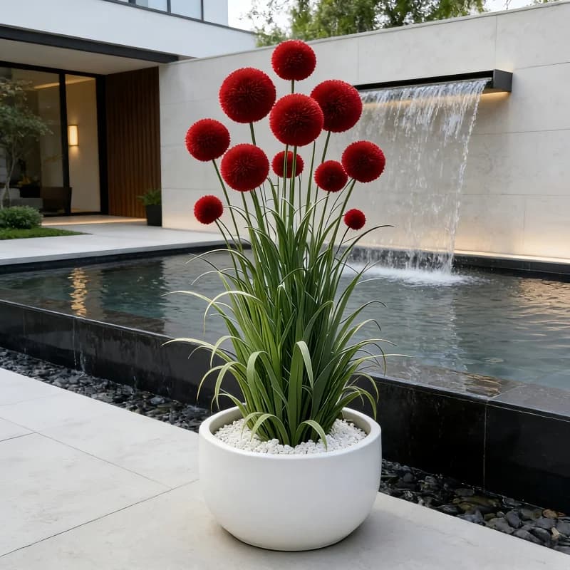 4 Pezzi = 12 Steli, Vaso Non Incluso. Erba artificiale simulata a forma di palla, fiori realistici a palla rossa, adatta per decorazioni interne ed esterne, perfetta per la casa, hotel, ufficio, matrimoni, feste, giard
