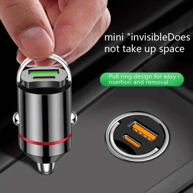 Caricabatteria da auto flash da 66 W con anello di trazione - Doppia porta PD+USB ultracompatta per una ricarica rapida - Mini design discreto