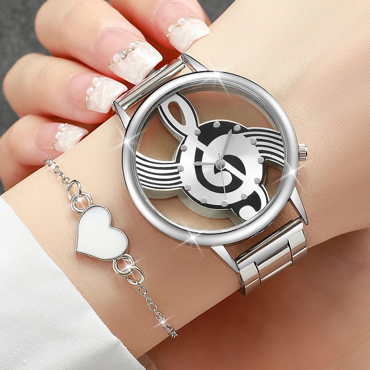 2 pezzi/set orologio da donna alla moda quadrante con nota musicale scavata cinturino in acciaio orologi al quarzo set di braccialetti a cuore