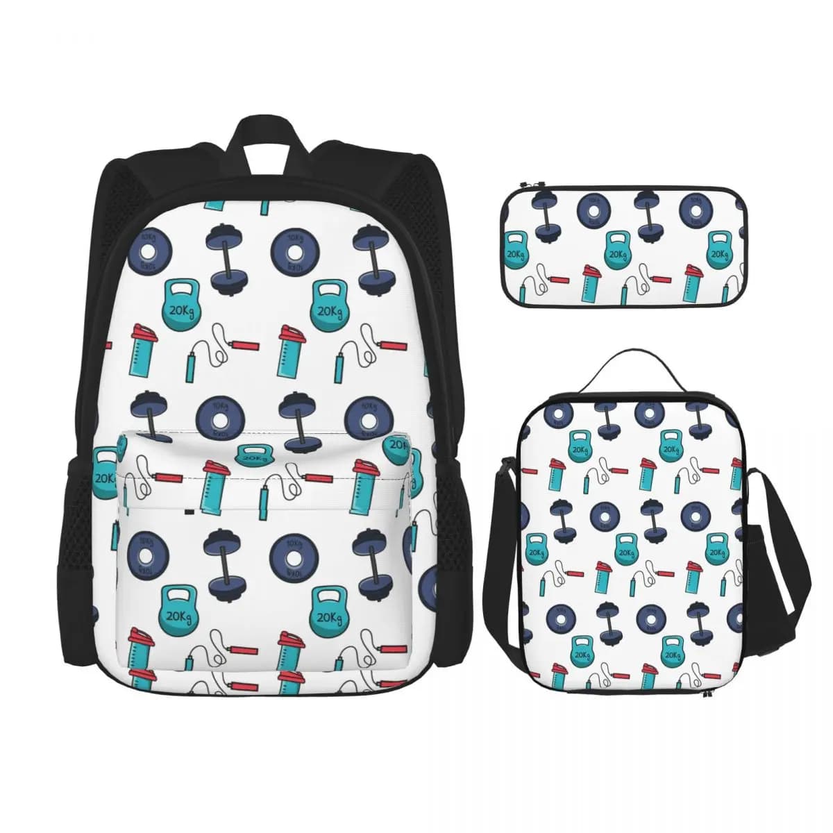 Gym Essentials Shaker, Kettlebell, Dumbbells, Rope Backpacks Kids Bookbag School Bags Rucksack Lunch Bag Pen Bag Three-Piece Set
