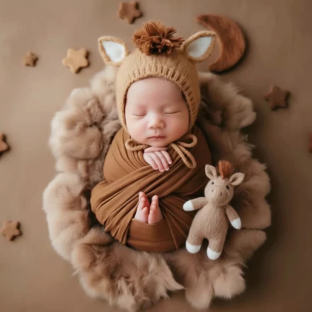 Cappello a maglia a forma di cavallo con bambola, accessori per la fotografia di neonati, cappellino per neonati a forma di animale, grazioso cappello per foto di neonati, accessori per servizi fotografici