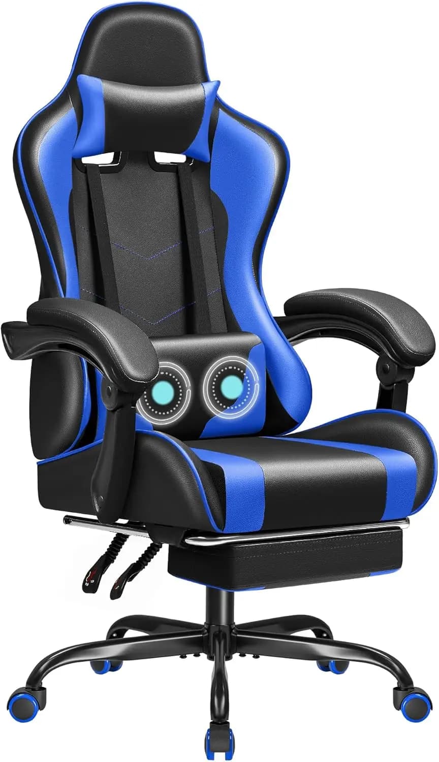 Sedia da Gaming Ergonomica con Poggiapiedi, Supporto Lombare Massaggiante, Regolabile in Altezza, Rotazione a 360° ° Girevole, Blu