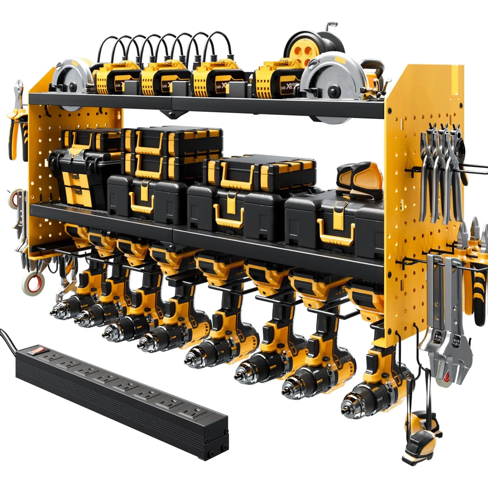 Organizzatore da parete per utensili elettrici per impieghi gravosi con 8 supporti per trapani, ripiano di ricarica, contenitori portaoggetti e multipresa a 8 prese