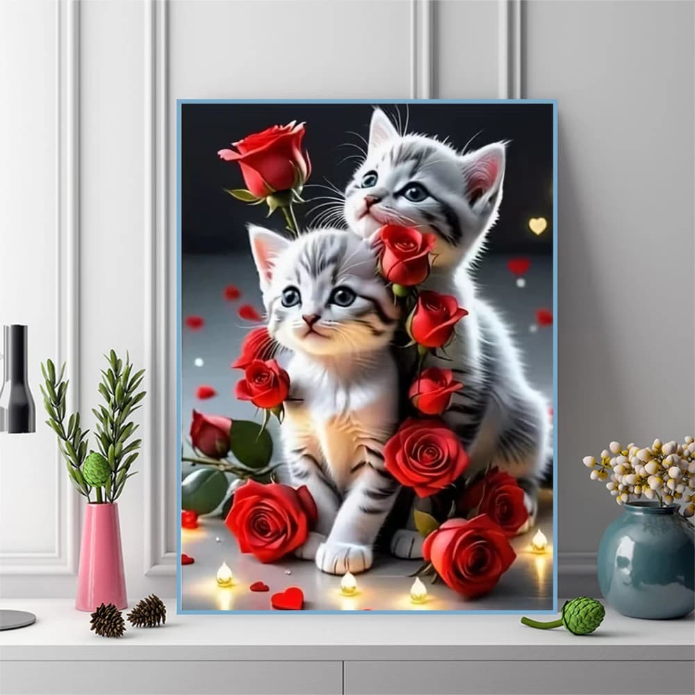 Set Completo di Ricamo a Diamante Quadrato e Rotondo, Pittura di Gatto e Fiore Rosa, Kit Fai-da-Te per Punto Croce, Mosaico di Diamanti per Decorazione Casa, Senza Cornice