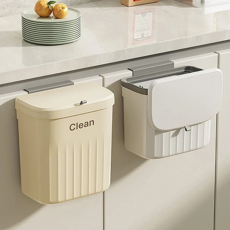 Cestino per rifiuti da cucina, bidone per rifiuti da appendere al muro con coperchio, contenitore per rifiuti salvaspazio con ganci per uso domestico in cucina