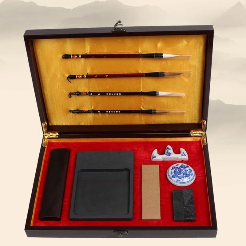 Study Four Treasures Boutique Set Gift Box Brush Set Pen, Ink Paper and Inkstone High-end Calligraphy Supplies Wolf Goat Pen