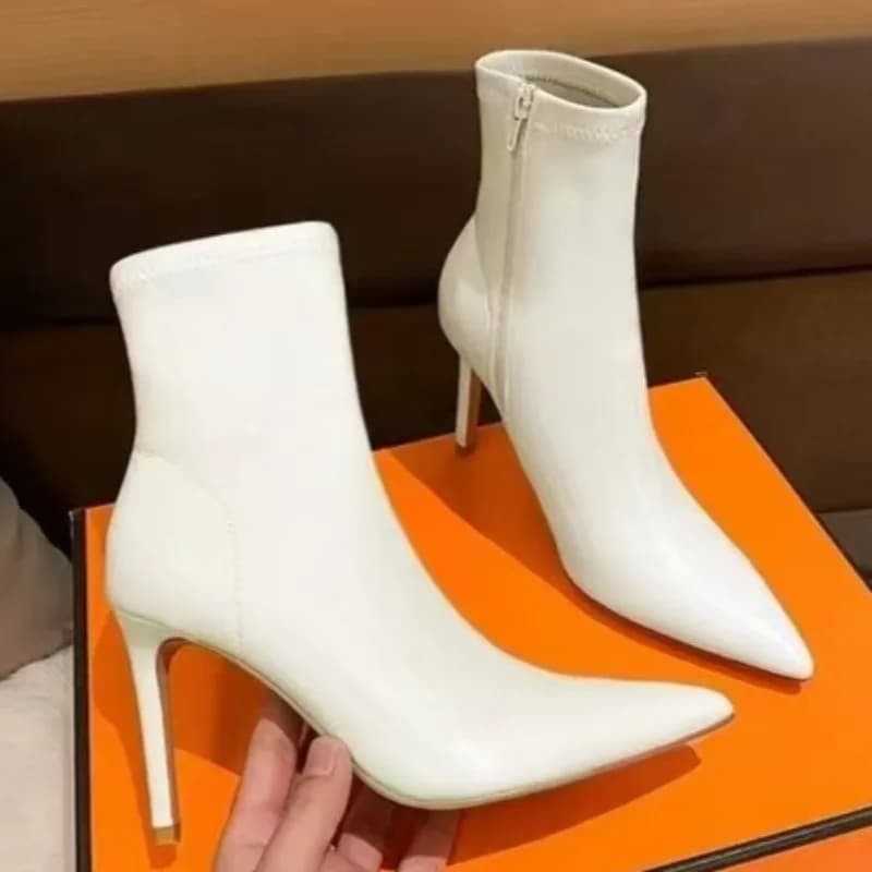 Stivali singoli con tacco sottile con cerniera laterale Moda da donna Punta a punta Cilindro corto antiscivolo resistente all'usura