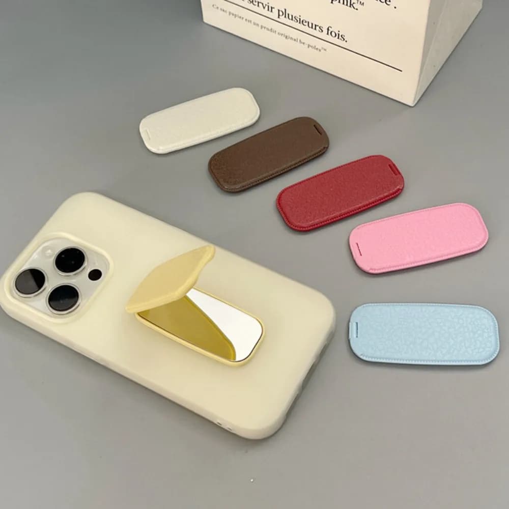 Fashion Leather Pattern Folding Mini Makeup Mirror Adhesive Phone Stand Horizontal Vertical Dual-use Portable Desktop Support