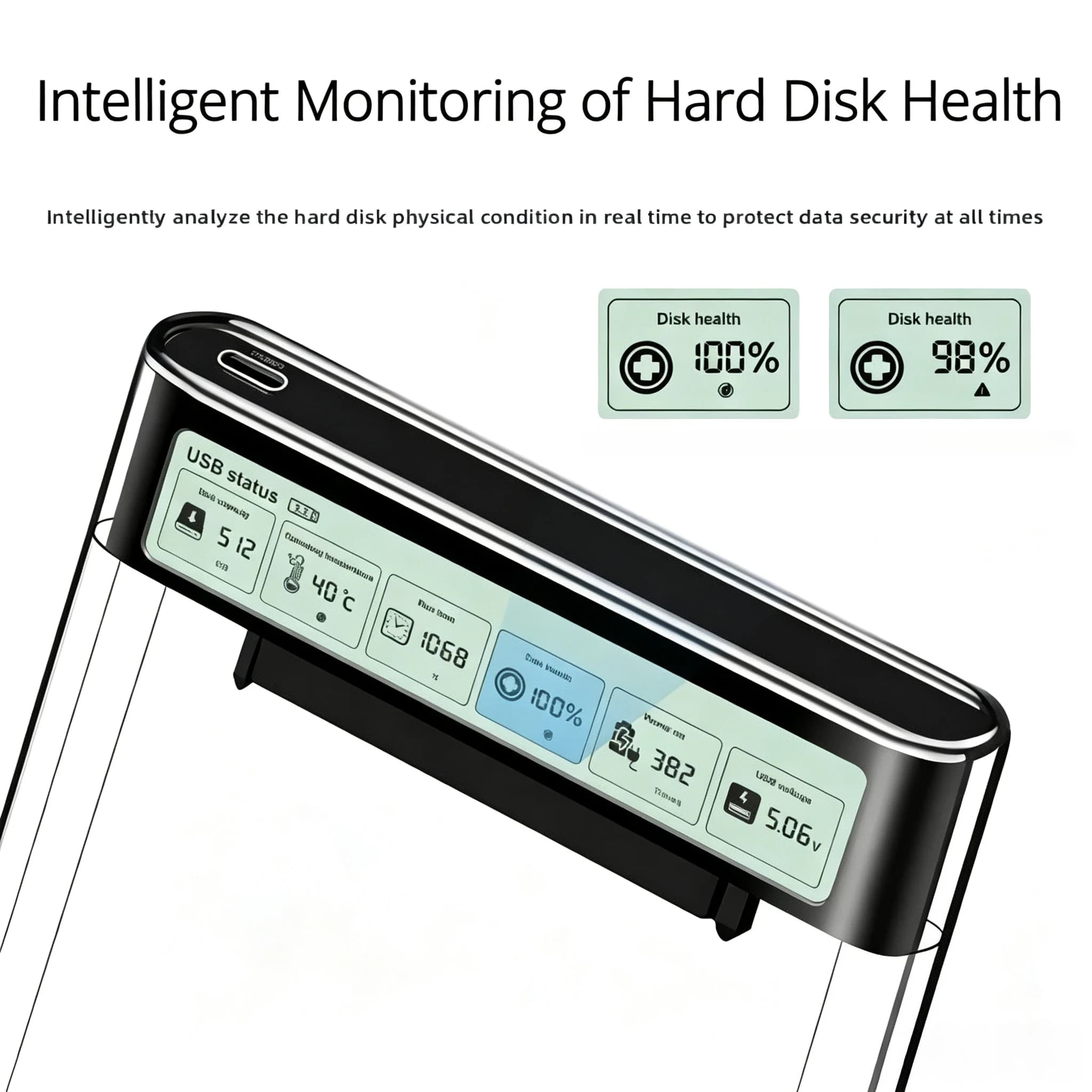 USB 3.2 HDD Enclosure 2.5 inch HDD SSD External Hard Drive Case with Display Screen Clear Portable Storage Case for Laptop PC