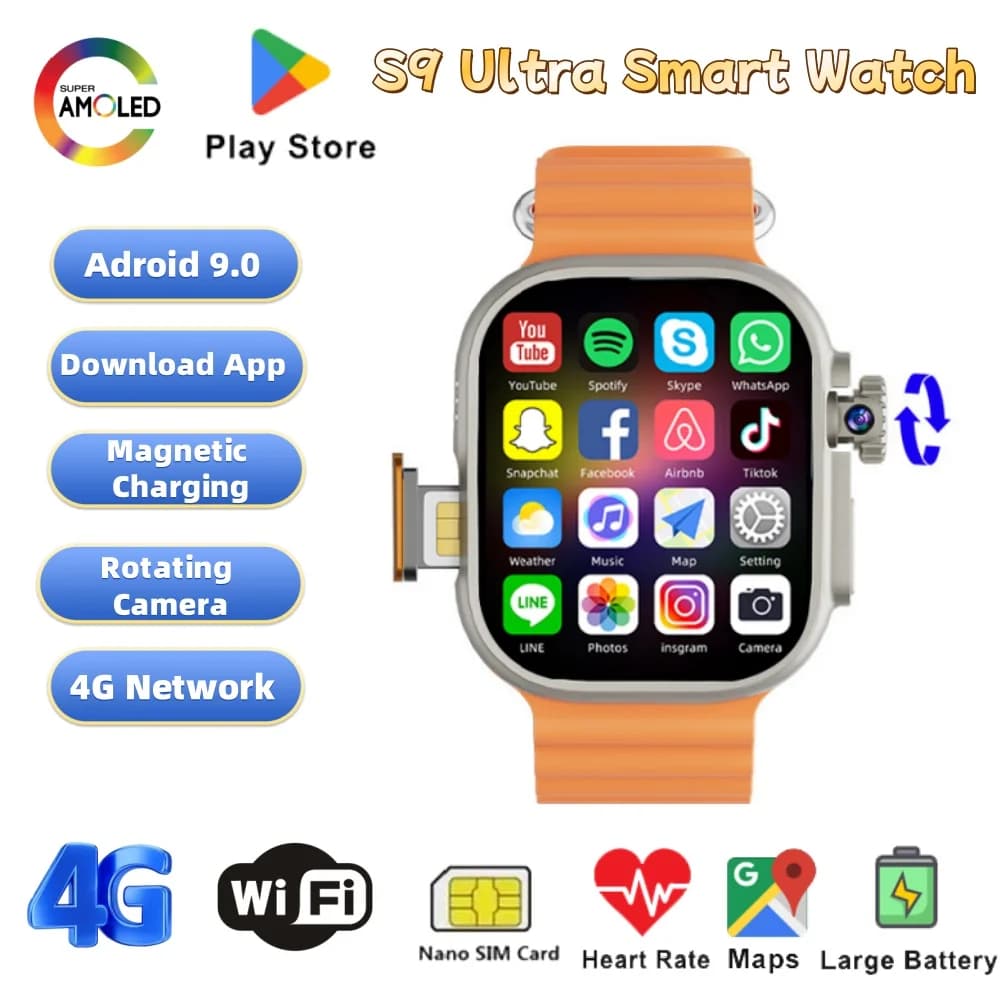 New Ultra Smart Watch 4G SIM Card 2.06''AMOLED Screen GPS WIFI 190°Rotating Camera Video Call Google Play Android Smartwatch