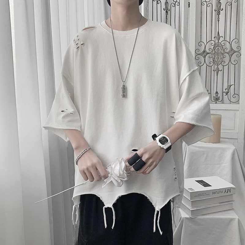Hip Hop High Street T-Shirt Men's Summer New Style Hollow out Short Sleeve Base Shirt Casual Loose Fit round Neck Print Tee