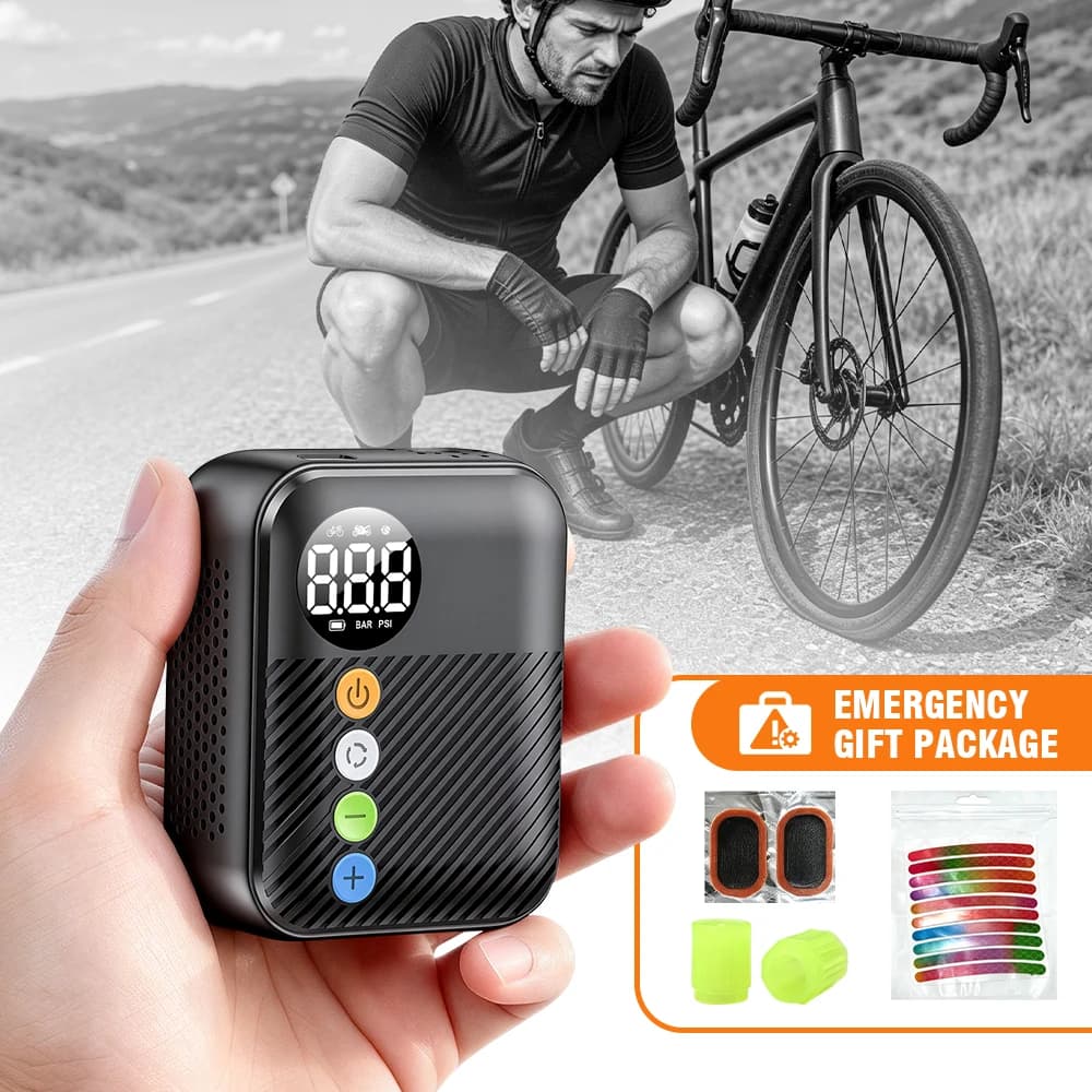 CARSUN Mini Bike Pump Cordless Tire Inflator 150PSI Type-C Digital LCD Display Pressure Gauge Auto Stop Schrader Presta MTB CE