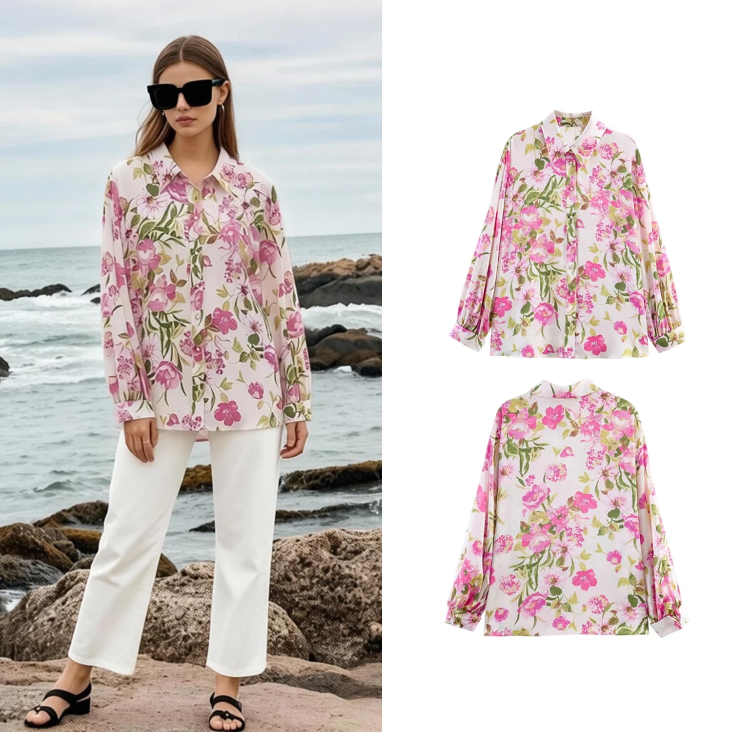 Camicie Floreali da Donna Estive Chic a Maniche Lunghe con Colletto Rovesciato, Top Eleganti Casual da Spiaggia per Vacanze