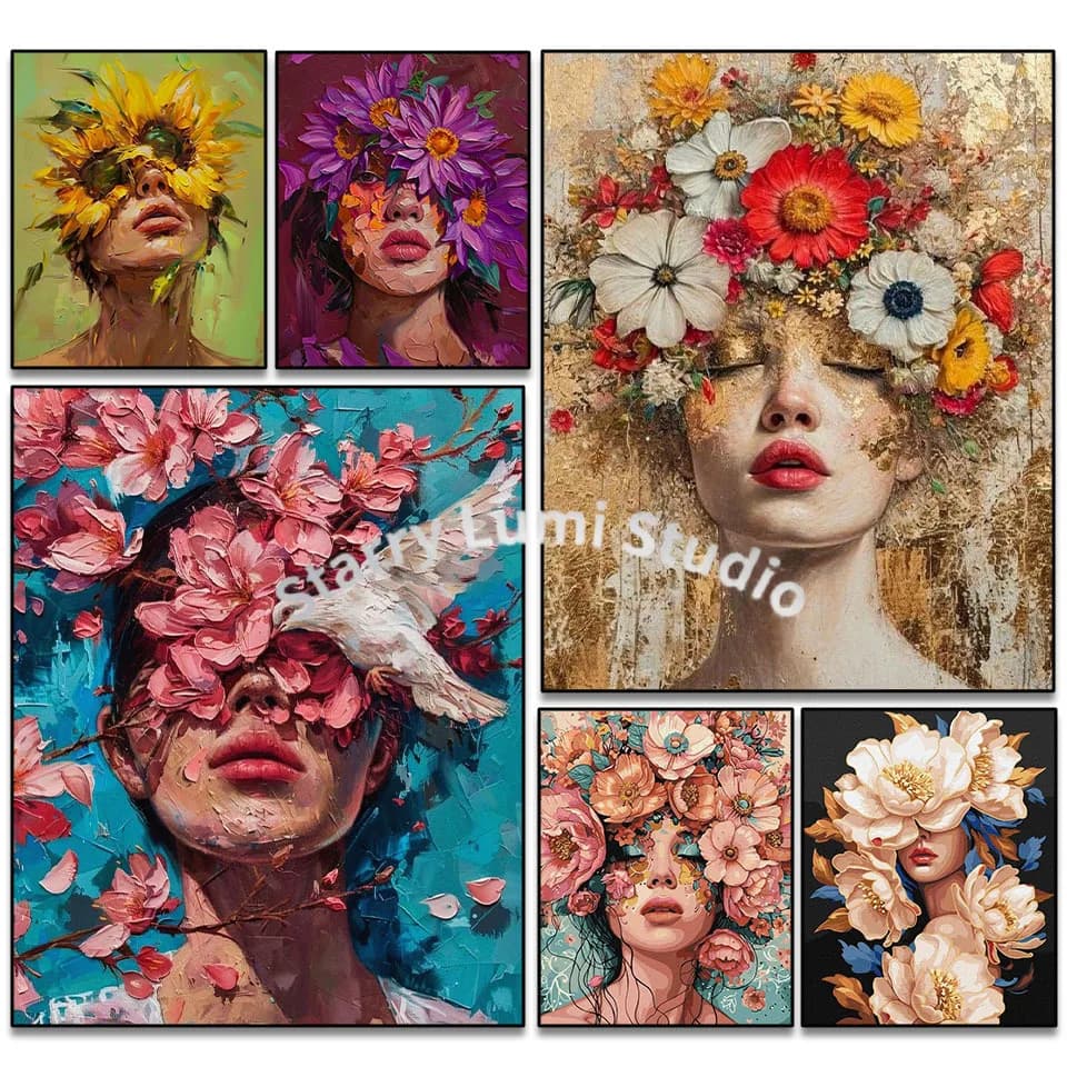 Kit Pittura Diamante 5D Fai da Te, Mosaico Diamantato con Volto di Donna e Fiori, Strass Quadrati e Rotondi, Punto Croce, Decorazione Casa