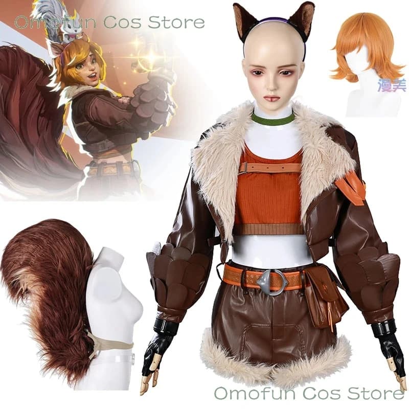ABC123MARV Costume Cosplay Rivals Squirrel Girl Doreen Allene Verde per Donna, Abito con Coda e Parrucca, per Giochi di Ruolo Halloween