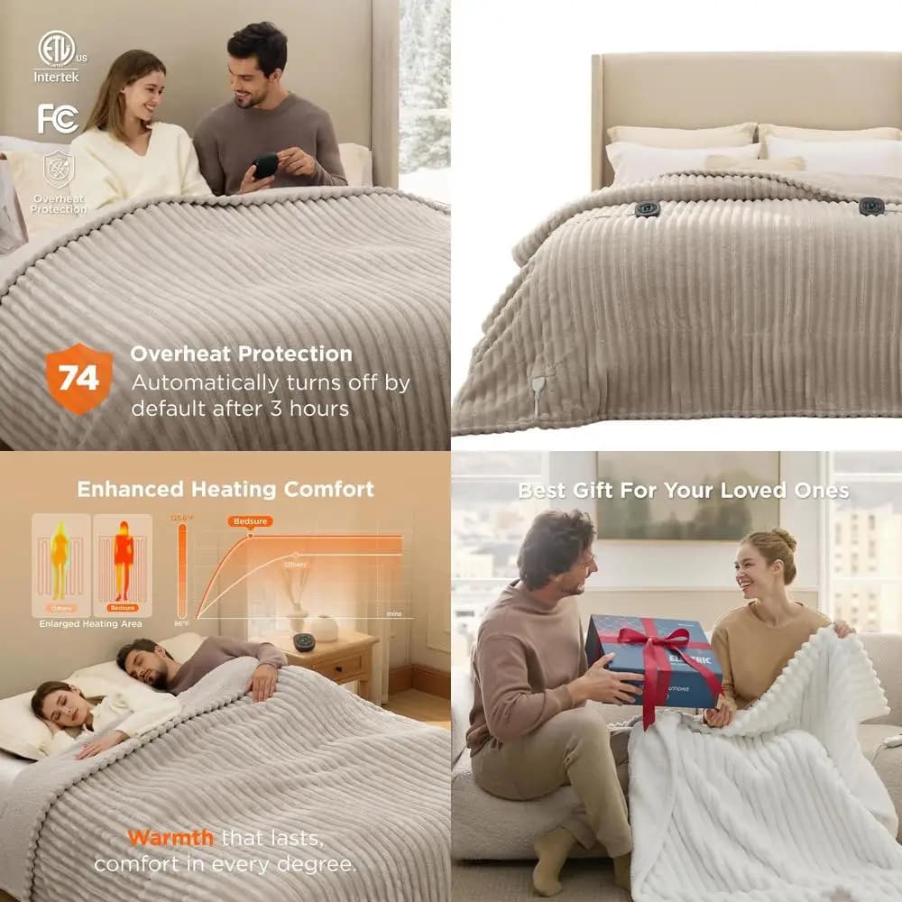 Coperta elettrica in flanella a righe spesse Queen Size con doppi controlli, 10 impostazioni di calore e tempo, timer da 8 ore