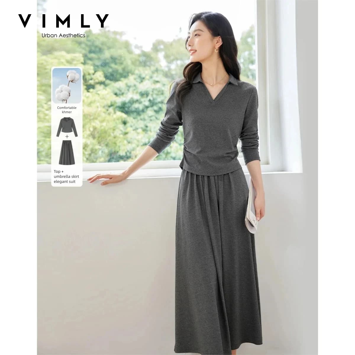 VIMLY Grey T-shirt Skirt Set Women 2026 Fall New Cotton Polo Collar Long Sleeve Tees Long A-line Skirts Two-piece Set M8617