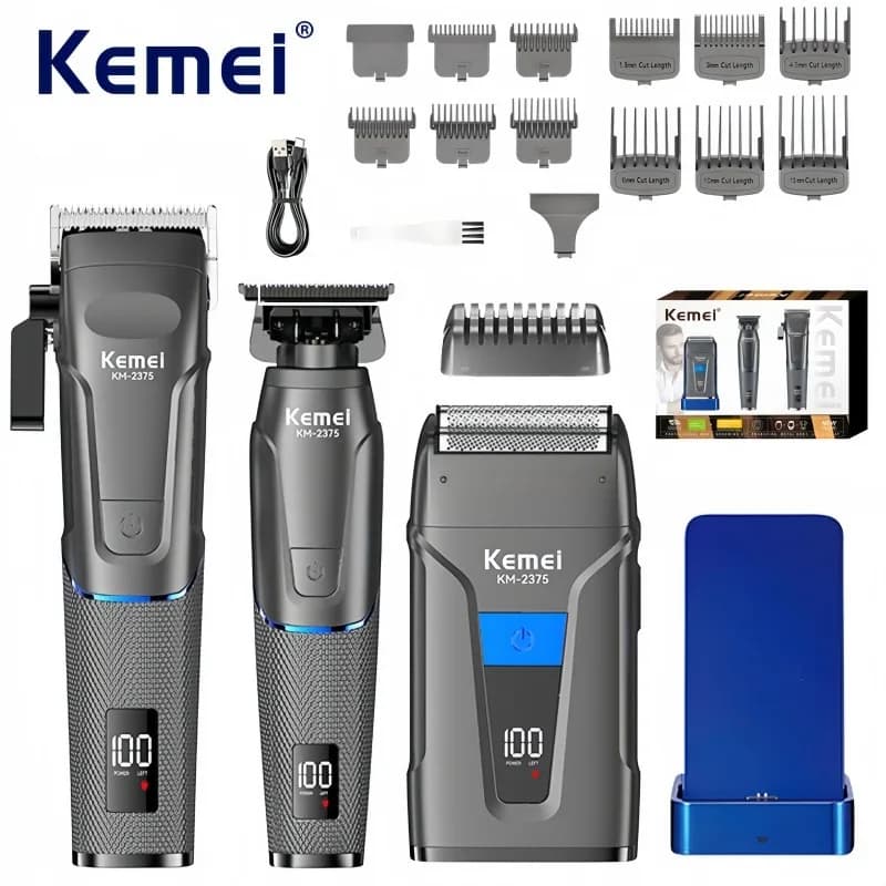 Kemei KM-2375 Professional set of 3 pieces for salon care, haircut and shaver kit, rechargeable via USB with dock, electric trimmer