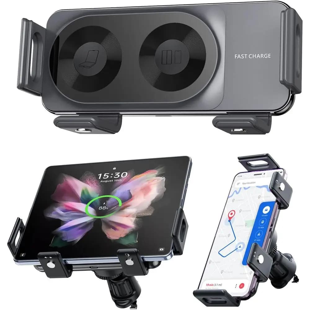 Caricabatterie Wireless per Auto con Doppia Bobina da 15W, Scalabile e Rotante, Compatibile con il 90% delle Bocchette dell'Aria Auto