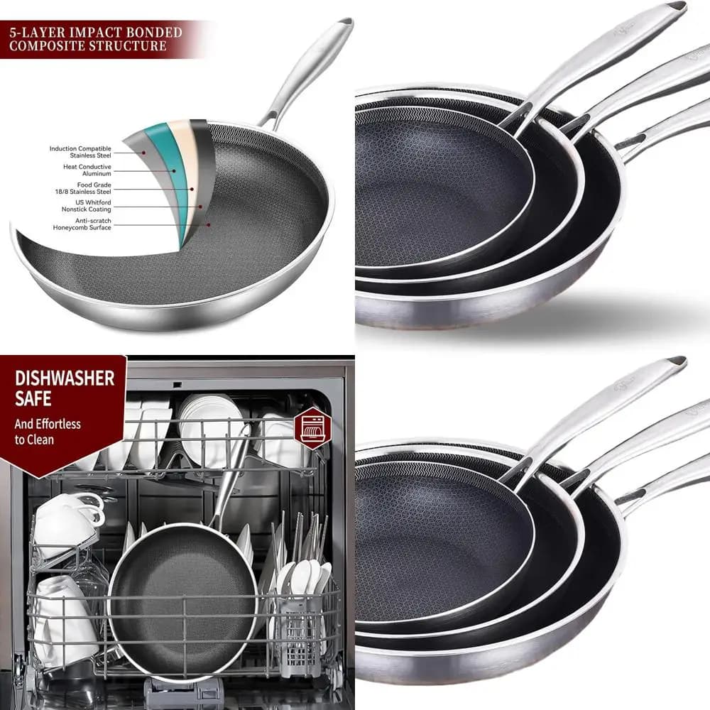 Set di Padelle Antiaderenti in Acciaio Inox Tri-Ply, 8-12 Pollici con Manico Staccabile, Adatte per Forno e Induzione, Sicure e Senza PFOA
