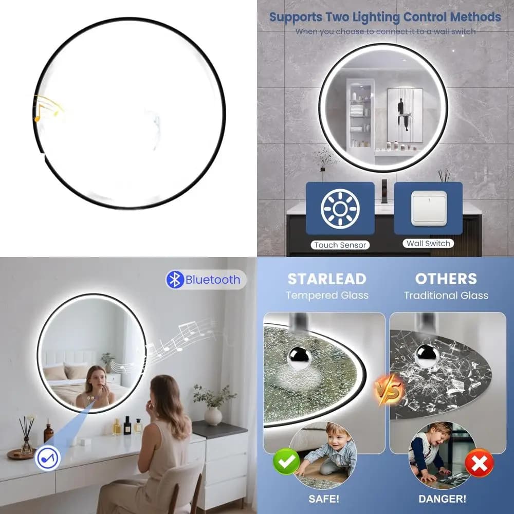 LED Mirror Bathroom Rolling 24 Inch with Bluetooth Speaker, Adjustable Lighting, 3 Colors, Anti-sizing, Wall Touch Control