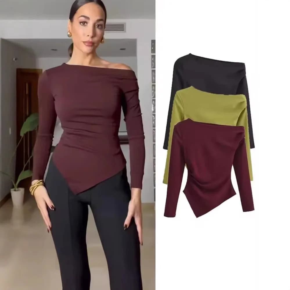 Asymmetric Pleated Long Sleeve Pure Color T-Shirt Women's Fashion Cross-Border Straight Cut Polyester Ladies Top