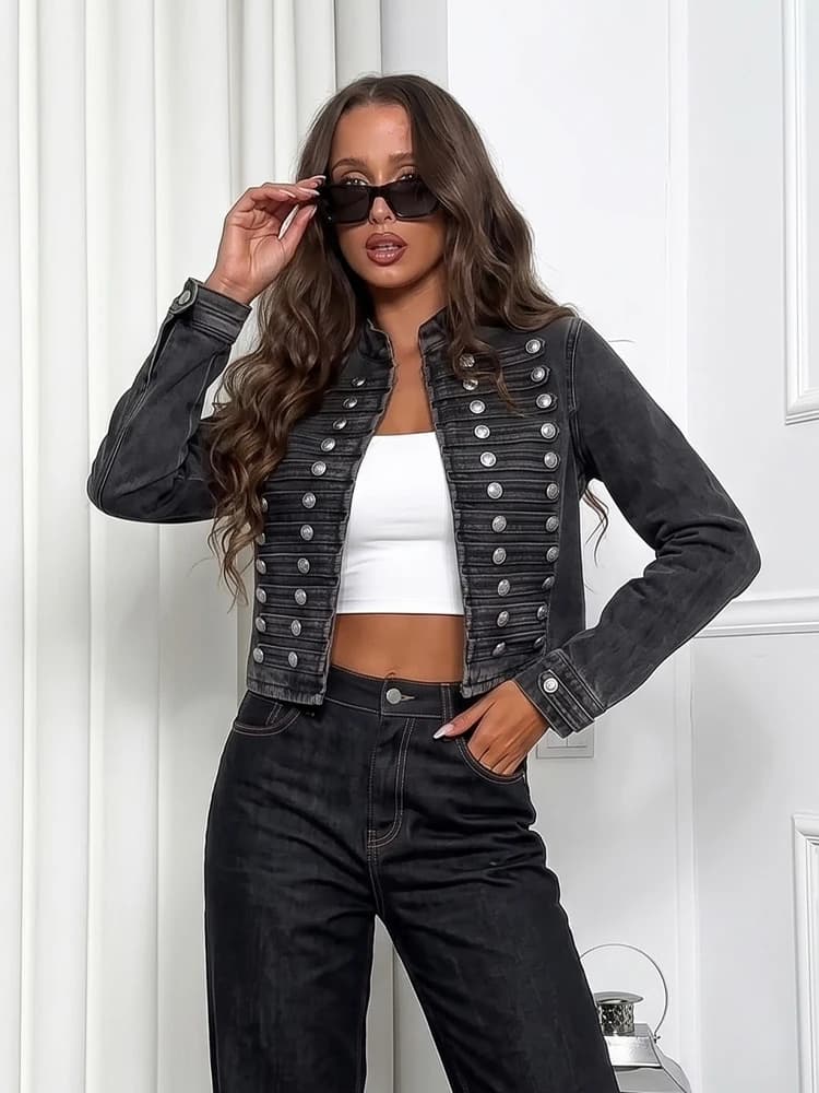 HH Women Fashion Denim Jacket Short Double Breasted Long Sleeve Casual Retro Coat 2026 Spring Autumn Street Style Chic Outwear
