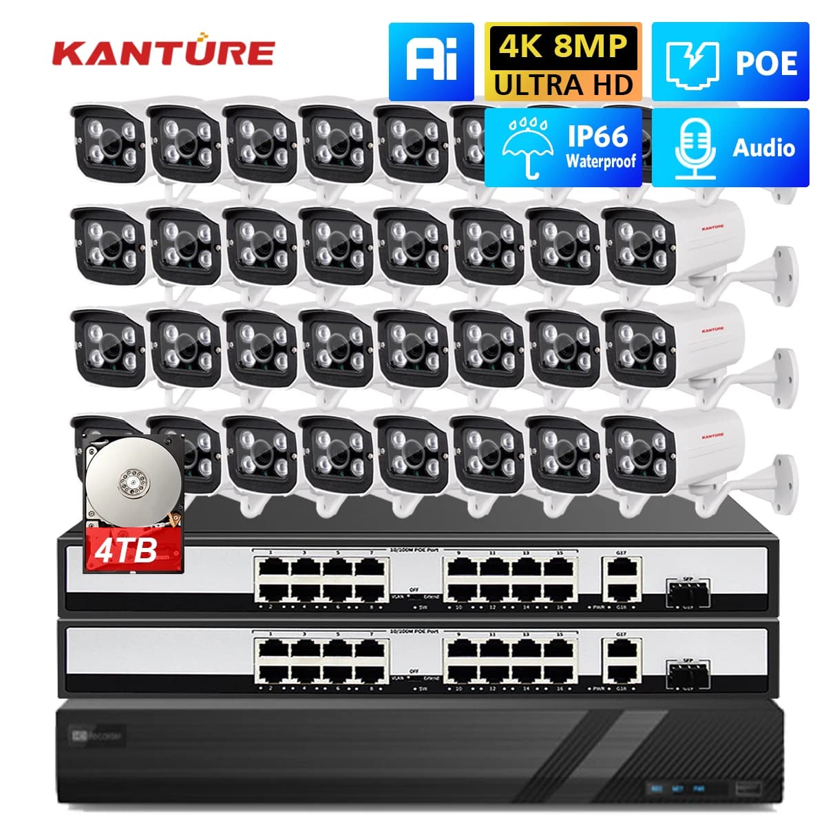 KANTURE 32CH NVR 4K AI Human Detection POE Security Camera System 8MP Audio Recording Monitoring Kit Outdoor Waterproof CCTV