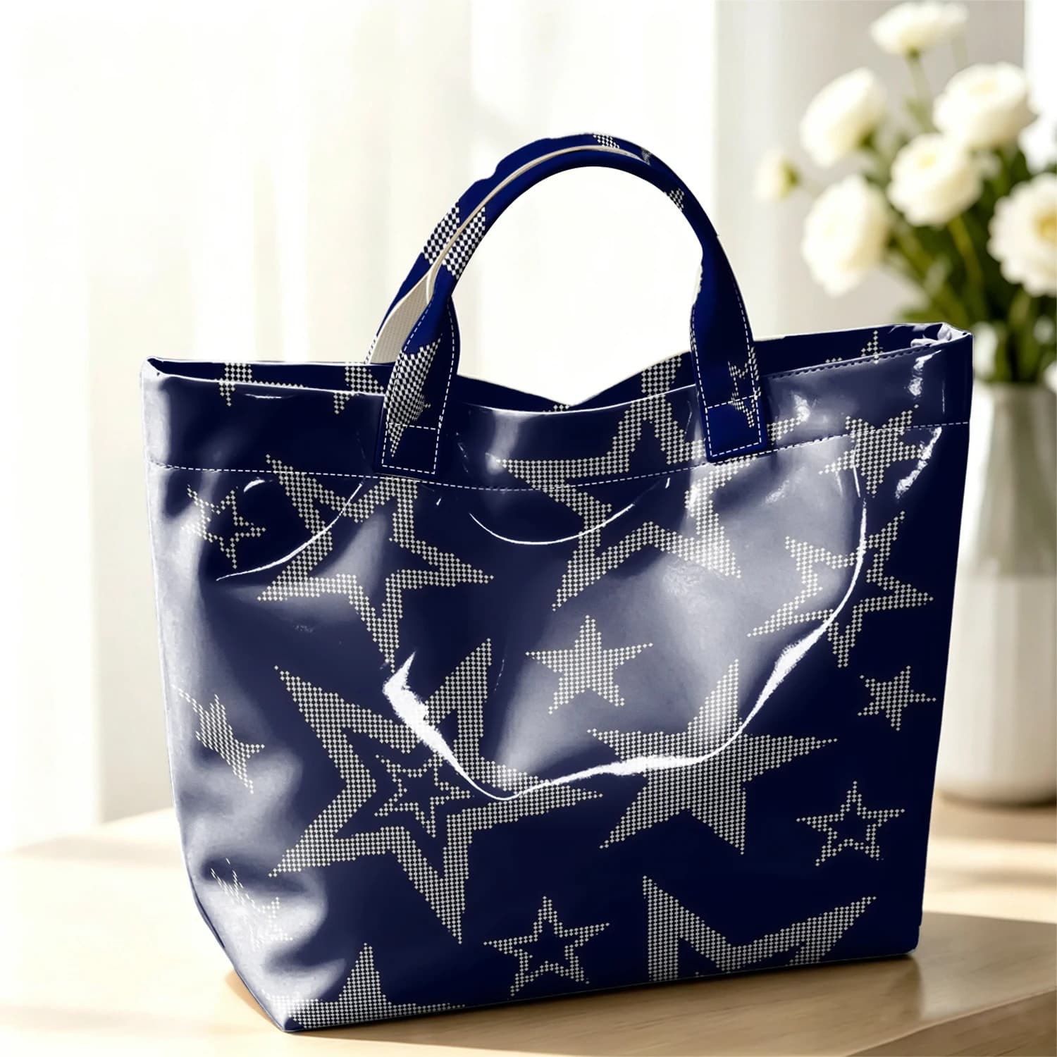 Dot Starry Night Hot Sale Large Glossy PVC Tote Bag Hand Washable Waterproof Great for Travel Commute Makeup Storage Handbags