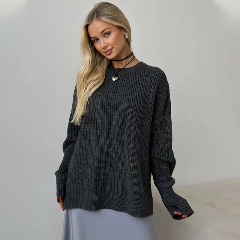 Loose Knitted Pit Strips Crew Neck Long Sleeve Pullover Sweater Women Solid Color Casual Leisure Autumn Winter New