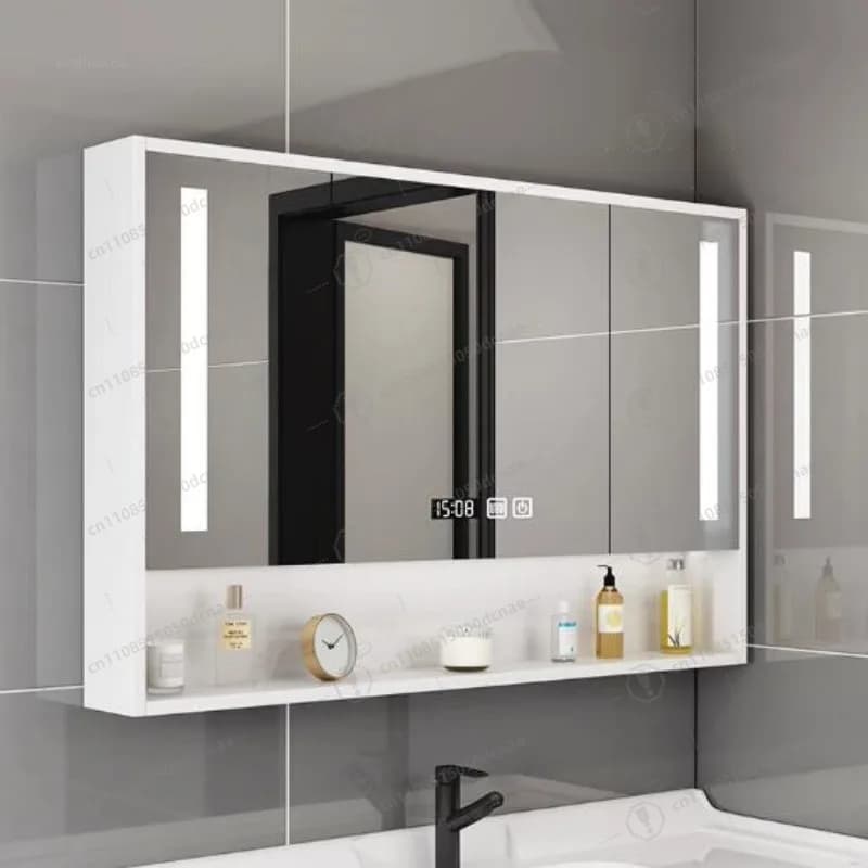 Mobili da Bagno in Legno Massello, Armadietti con Specchio Intelligente, Mobiletto da Parete di Lusso per WC, Specchio con Funzione Antiappannamento e Scaffale Portaoggetti