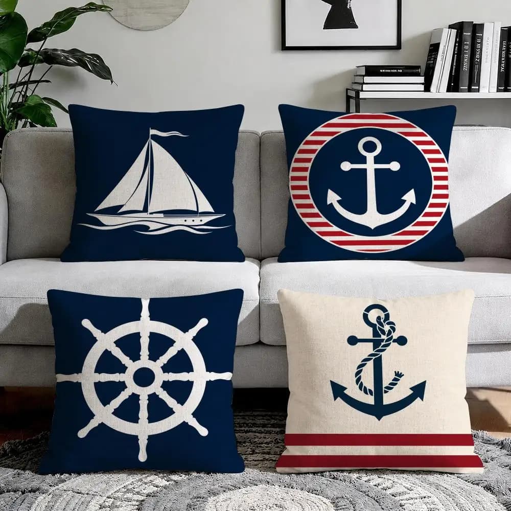 Navy Blue Nautical Ocean Boat Anchor Cushion Cover Natural Breathable Durable Linen Printed Decor Pillow Case Sofa Bedroom