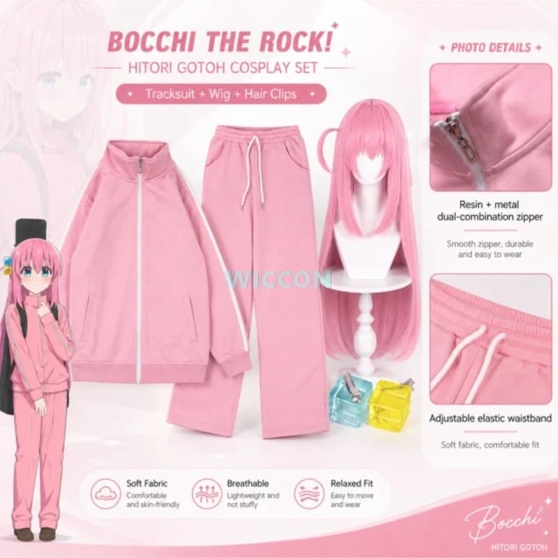 Gotoh Hitori Cosplay Costume Anime Bocchi Wig Pink Zipper Sweater Top Pants School Uniform Sports Daily Wear Set Halloween