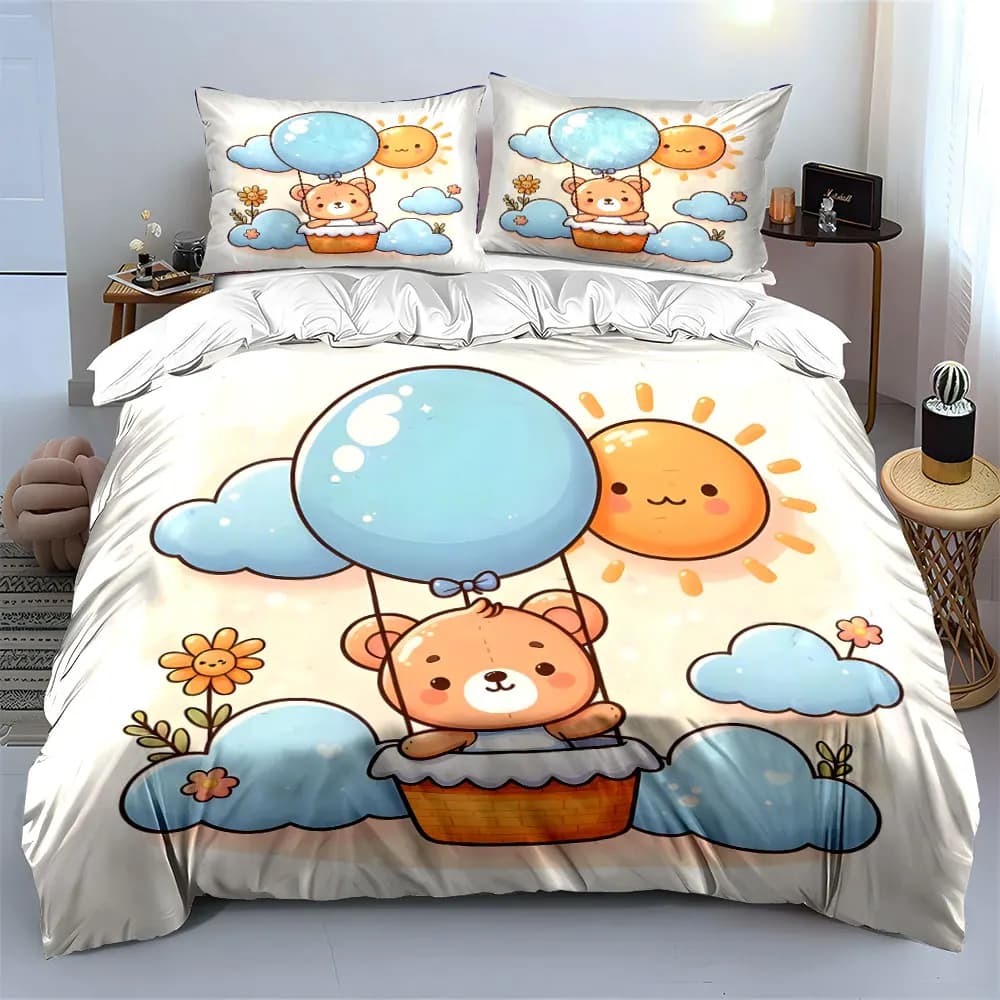 Cartoon bear in balloon basket Printed Duvet Cover Set 1 Duvet Cover+2 Pillowcase Multi Size Bedroom Bedding Decoration