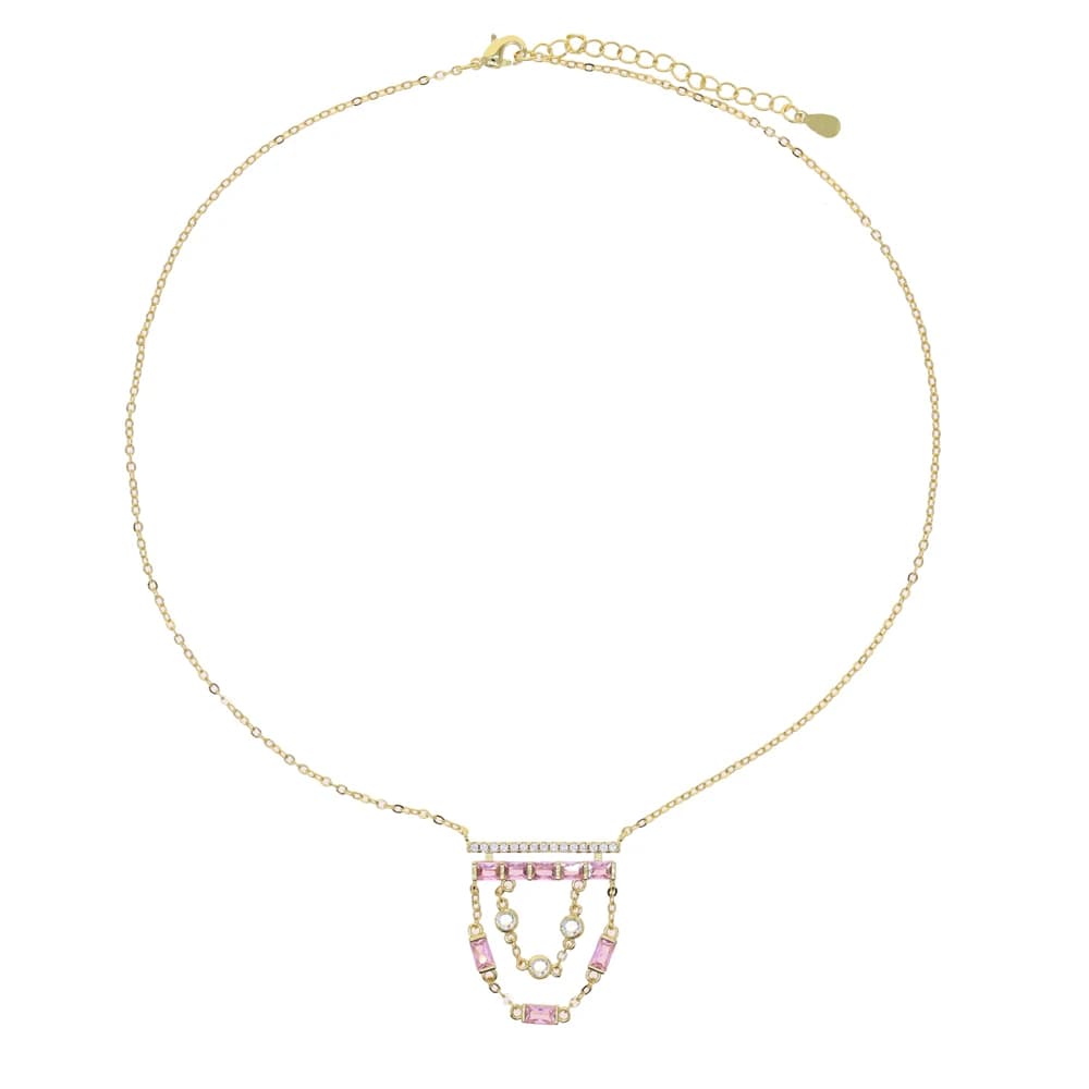 Collana con Ciondolo a Catena con Nappine in Zirconia Cubica Verde Smeraldo e Rosa, Colore Oro, Gioielli da Donna