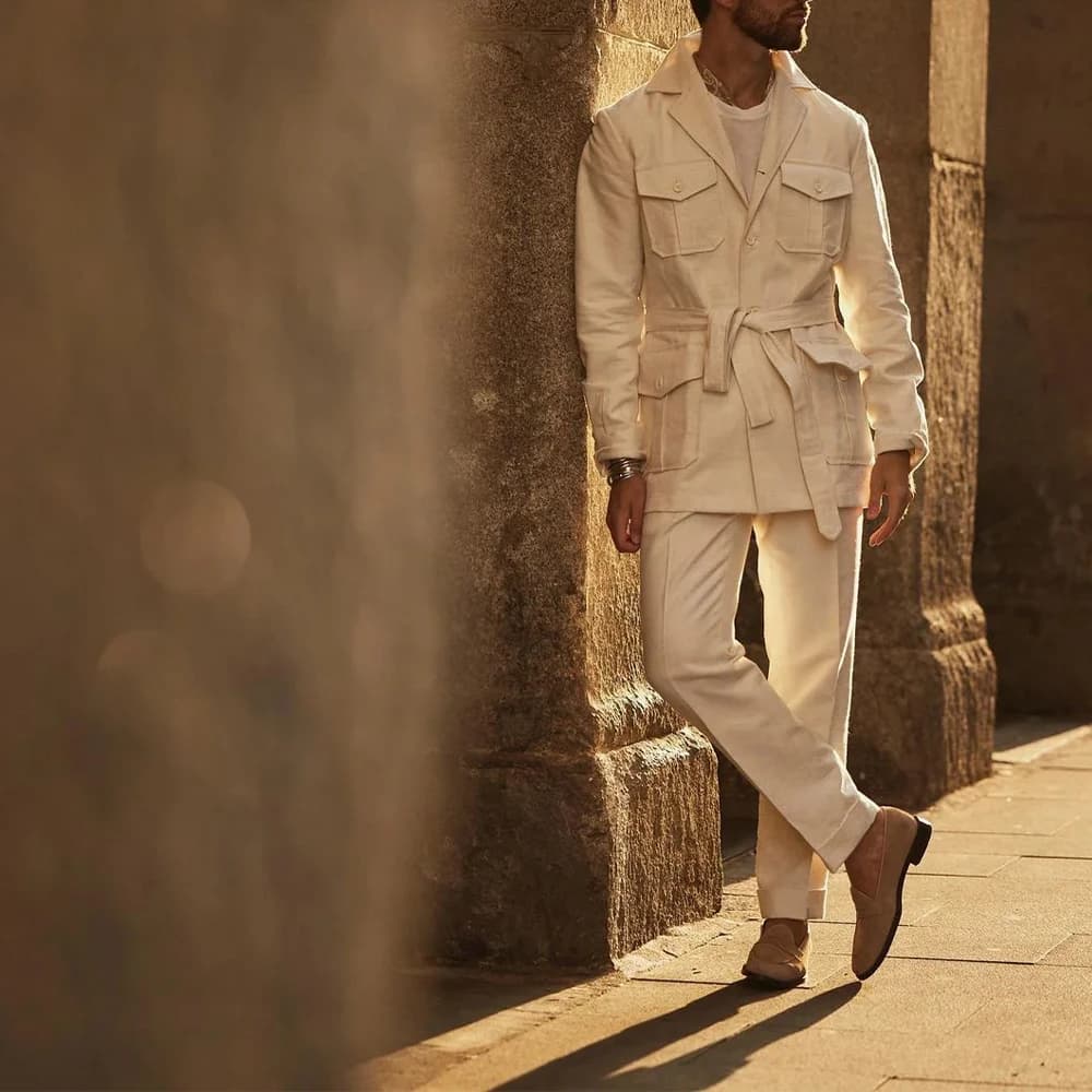 2 Pieces New Linen Suits With Belt Men's Summer Line Suits Single Breasted Groomsmen Suits For Wedding Blazer+Pants