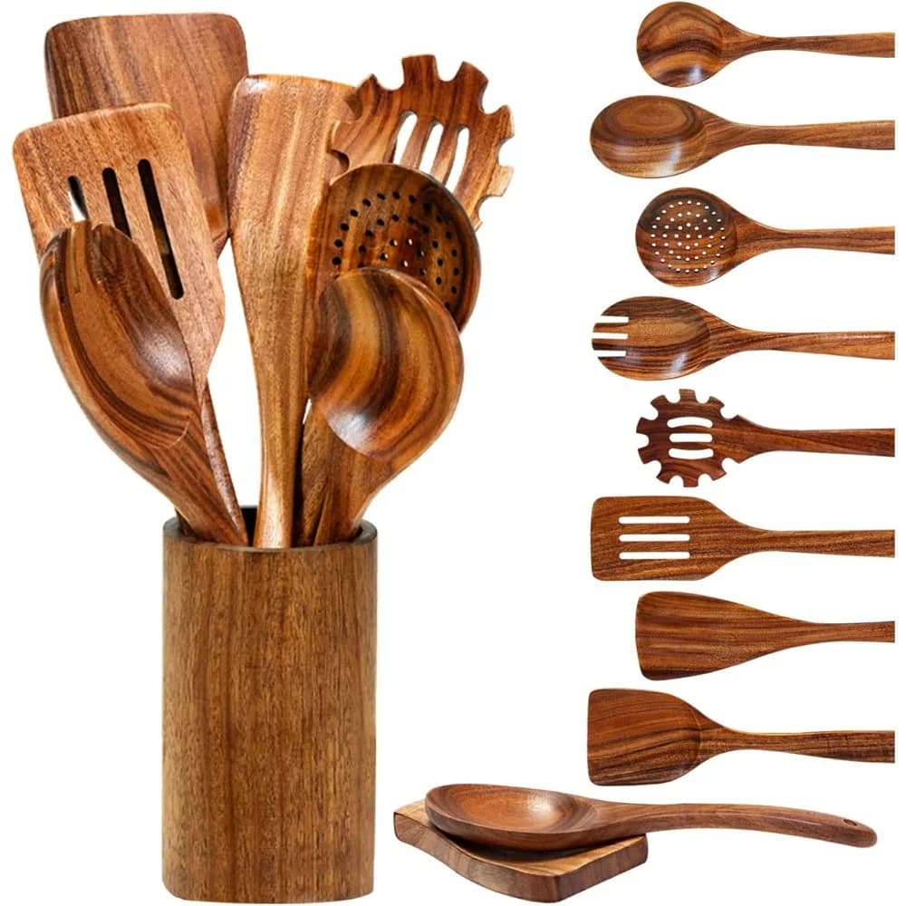 Set di 10 Utensili da Cucina in Teak Fatti a Mano con Supporto, Strumenti da Cucina Durevoli e Antiaderenti